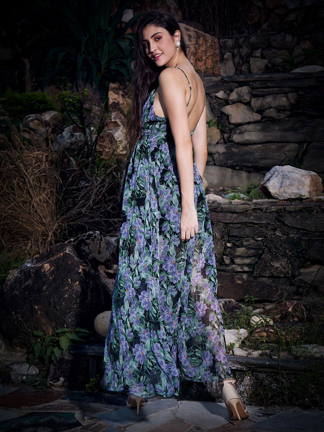 Berrylush Tropical Print Georgette Fit & Flare Maxi Dress