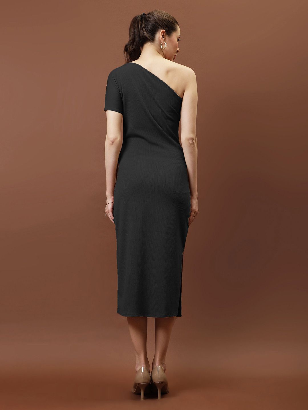 Athena One shoulder Rib Sheath Midi dress