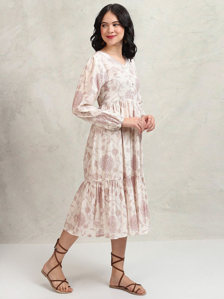 Vishudh Floral Printed Puff Sleeves Fit and Flare Midi Dress