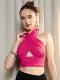 Berrylush Women Halter Neck Criss Cross Fitted Crop Top