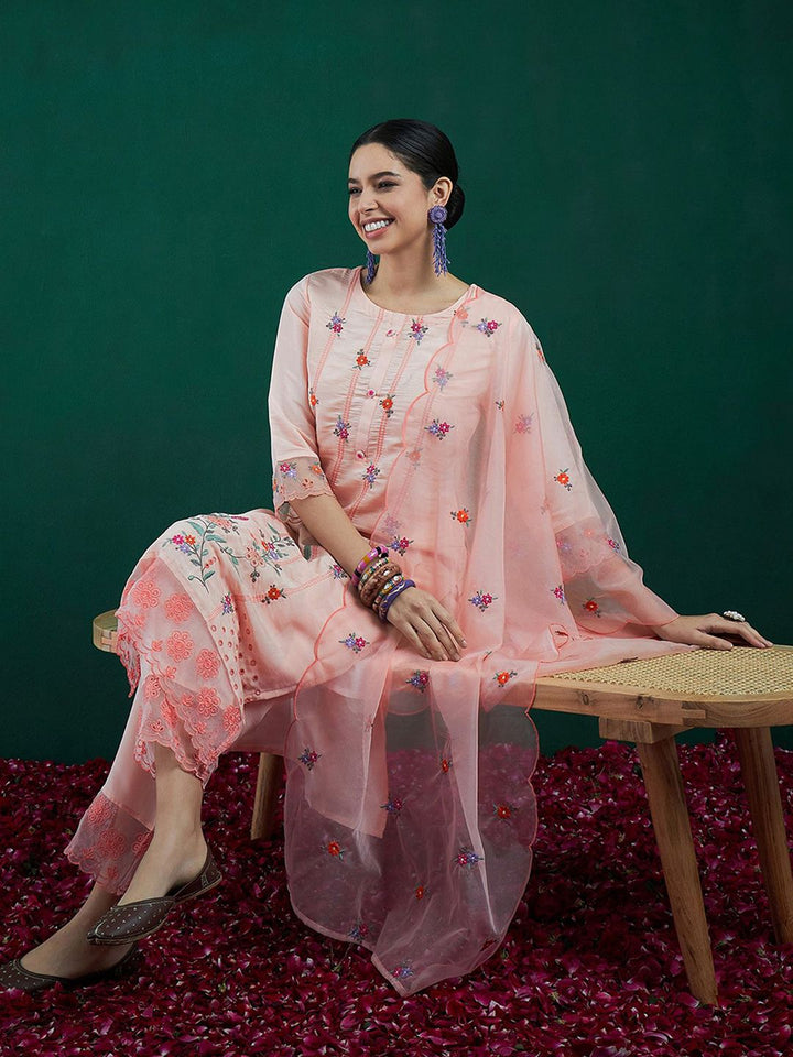 Indo Era Floral Embroidered Straight Kurta With Trousers & Dupatta