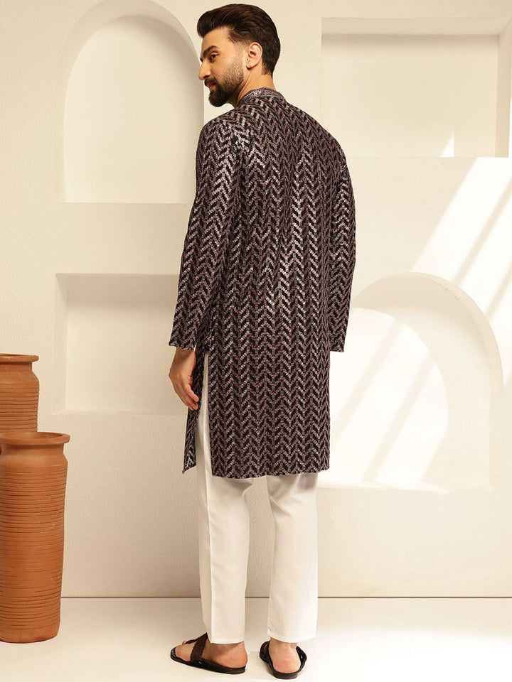 SOJANYA Geometric Embroidered Mandarin Collar Sequinned Cotton Straight Kurta