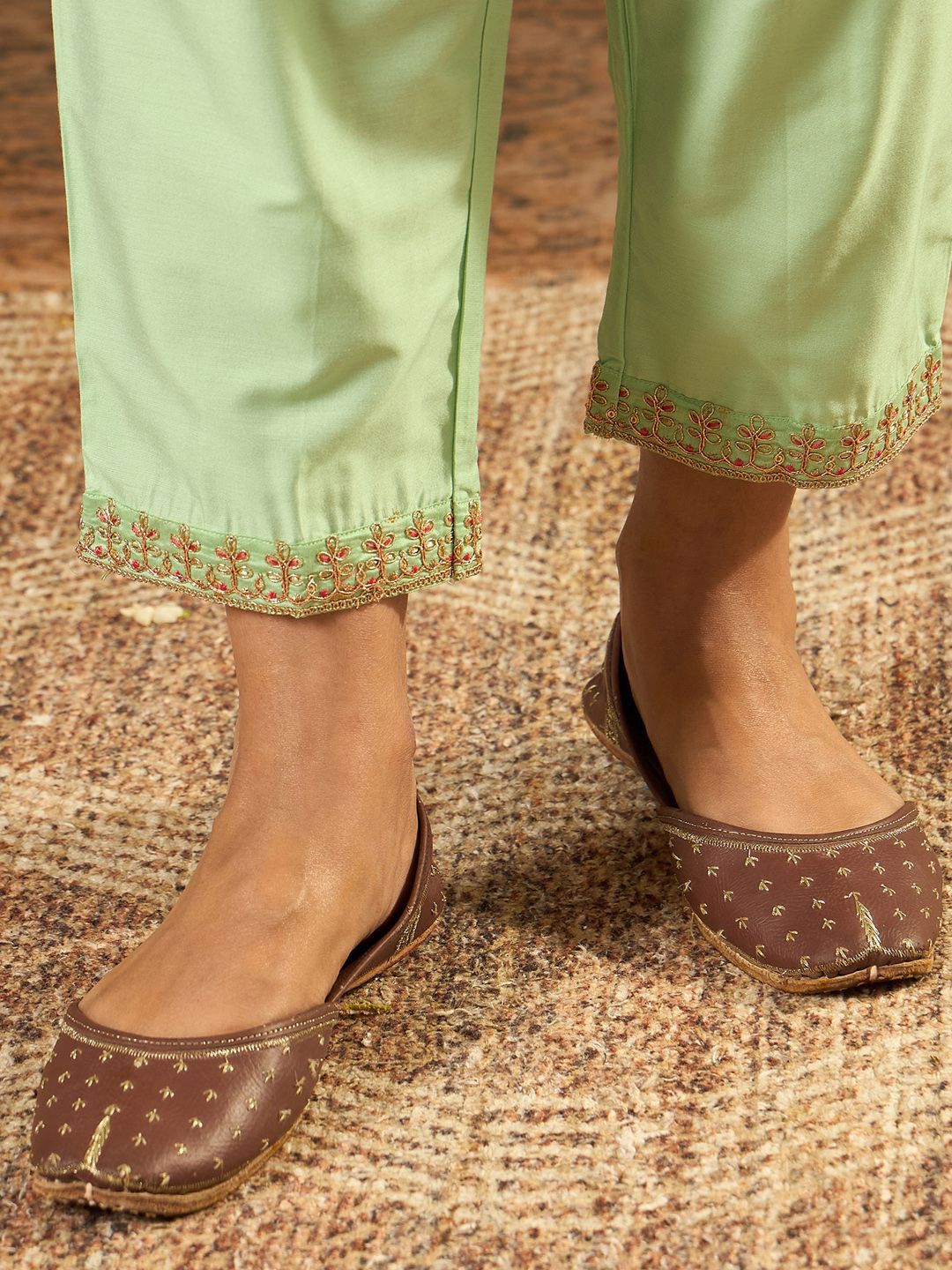 Indo Era Floral Embroidered Chanderi Silk Straight Kurta With Trousers & Dupatta