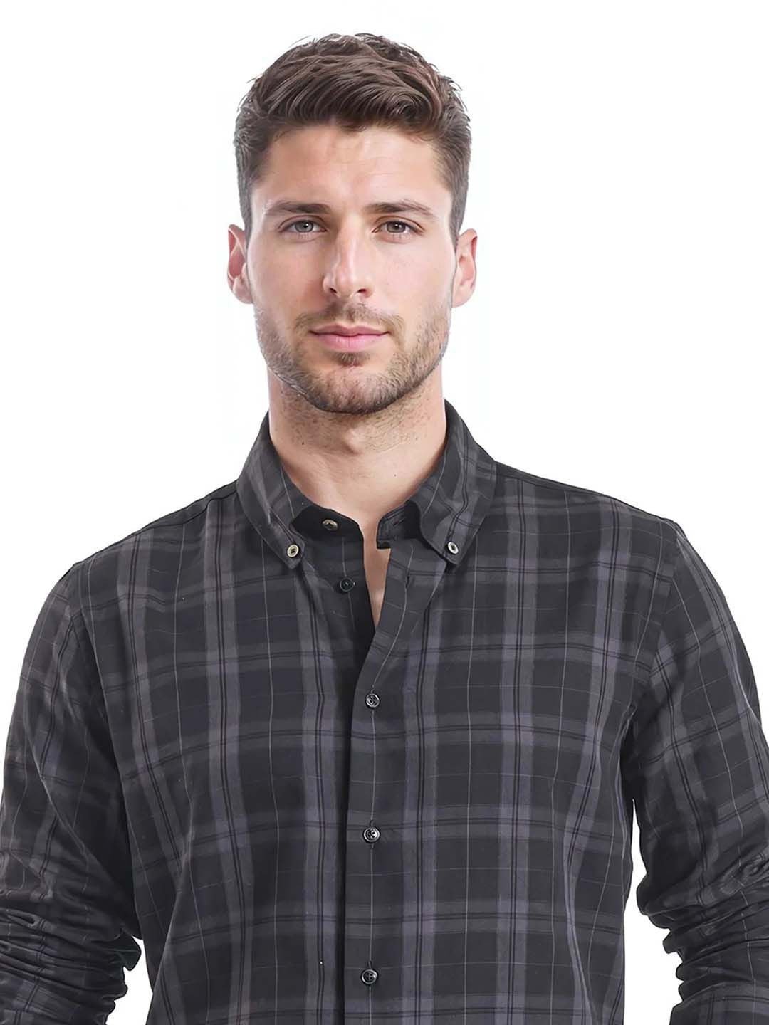 RARE RABBIT Men Comfort Button-Down Collar Tartan Checked Cotton Casual Shirt