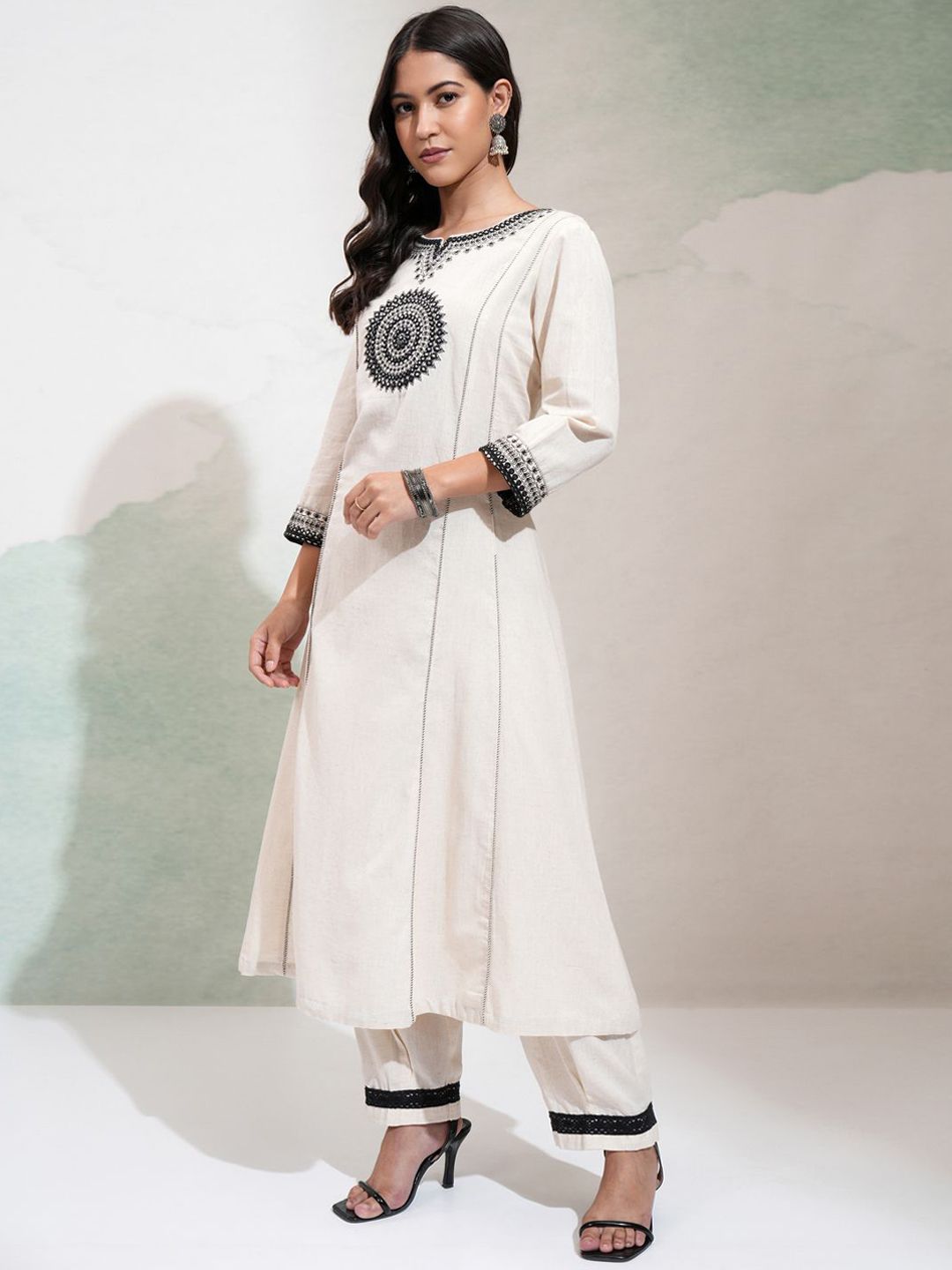 Vishudh Ethnic Motifs Embroidered Panelled Mirror Work Pure Cotton Kurta With Trousers