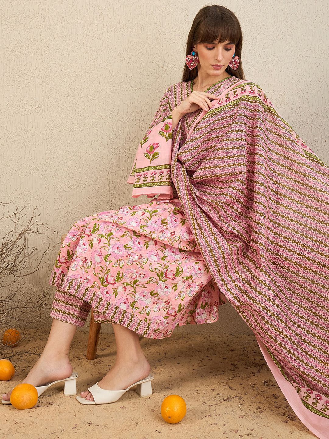 Indo Era Floral Printed Empire Pure Cotton A-Line Kurta With Trousers & Dupatta