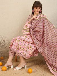 Indo Era Floral Printed Empire Pure Cotton A-Line Kurta With Trousers & Dupatta