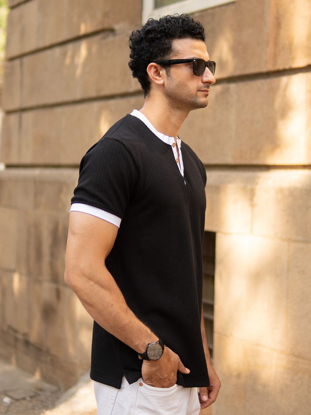 Powerlook Men Black Contrast Henley T-Shirt