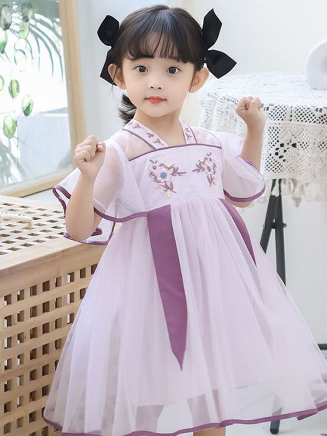 YK Girls Floral Print V-Neck Fit & Flare Dress