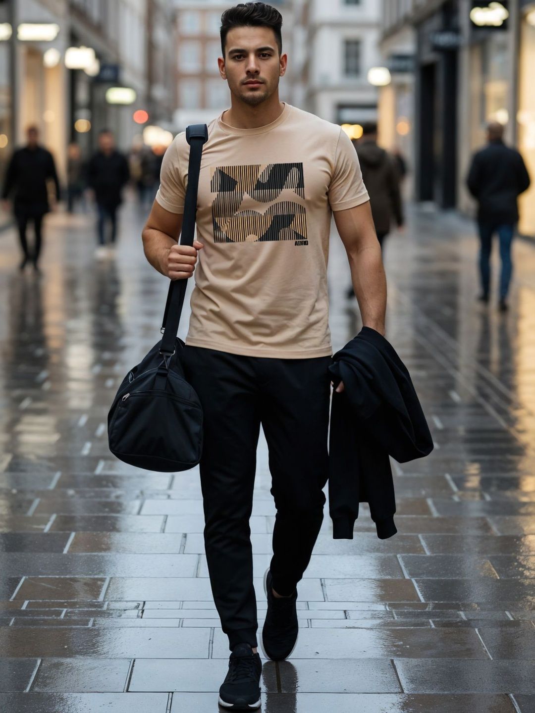 ADRO Geometrik Bercetak Leher Bulat Mesra Kulit T-shirt Fit Biasa