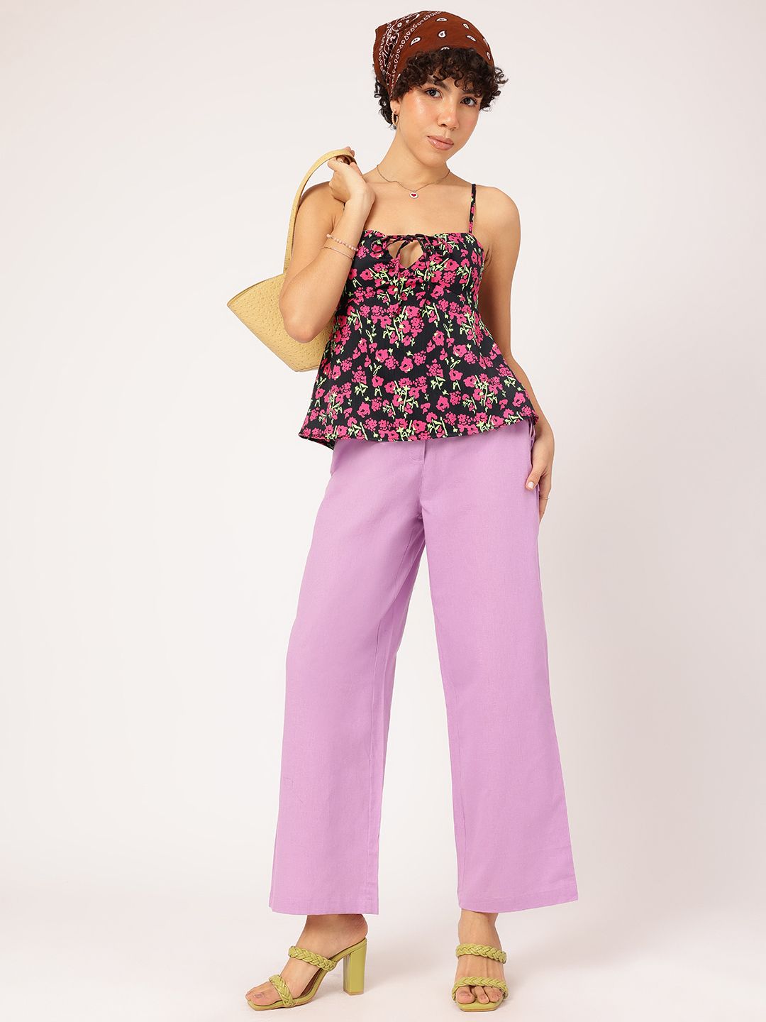 DressBerry Floral Fantasy Tie-Up Neck A-Line Top