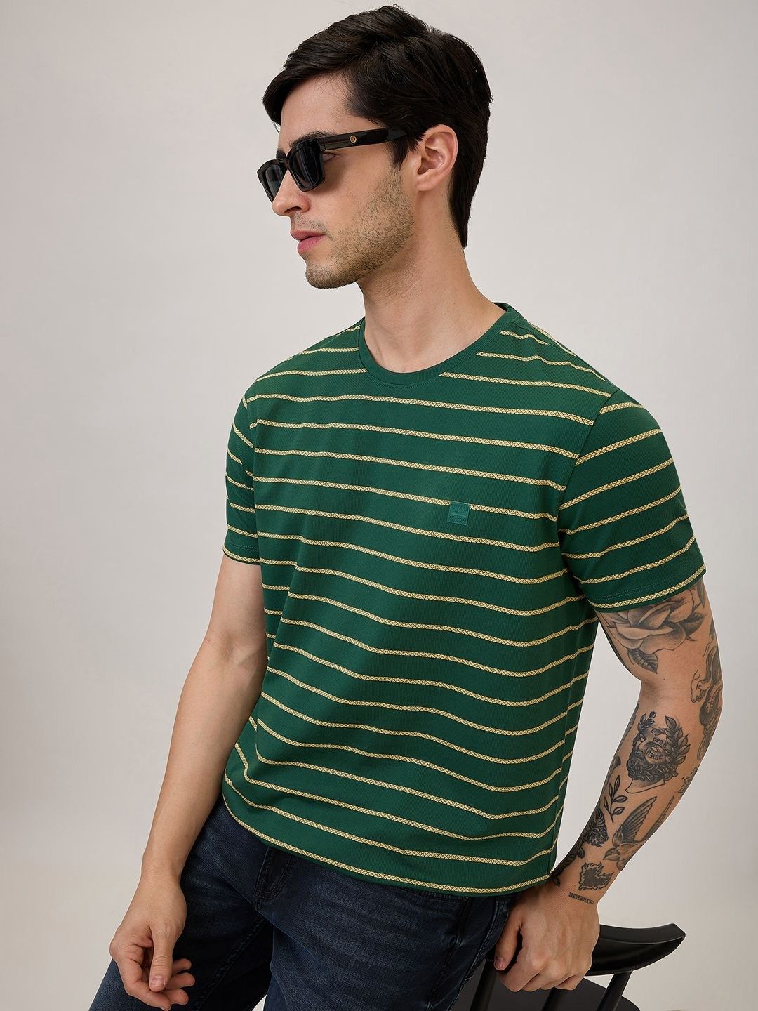 SPYKAR Men Striped Round Neck Cotton Slim Fit T-shirt