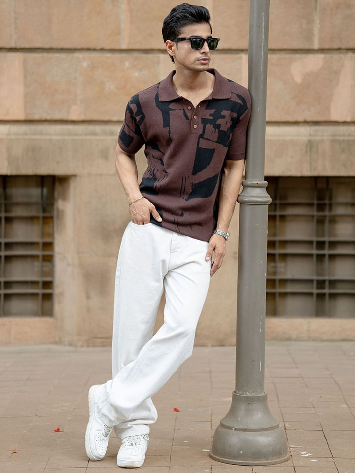 Powerlook SS25 Abstract Printed Polo Collar Jacquard Knitted Pure Cotton T-Shirt