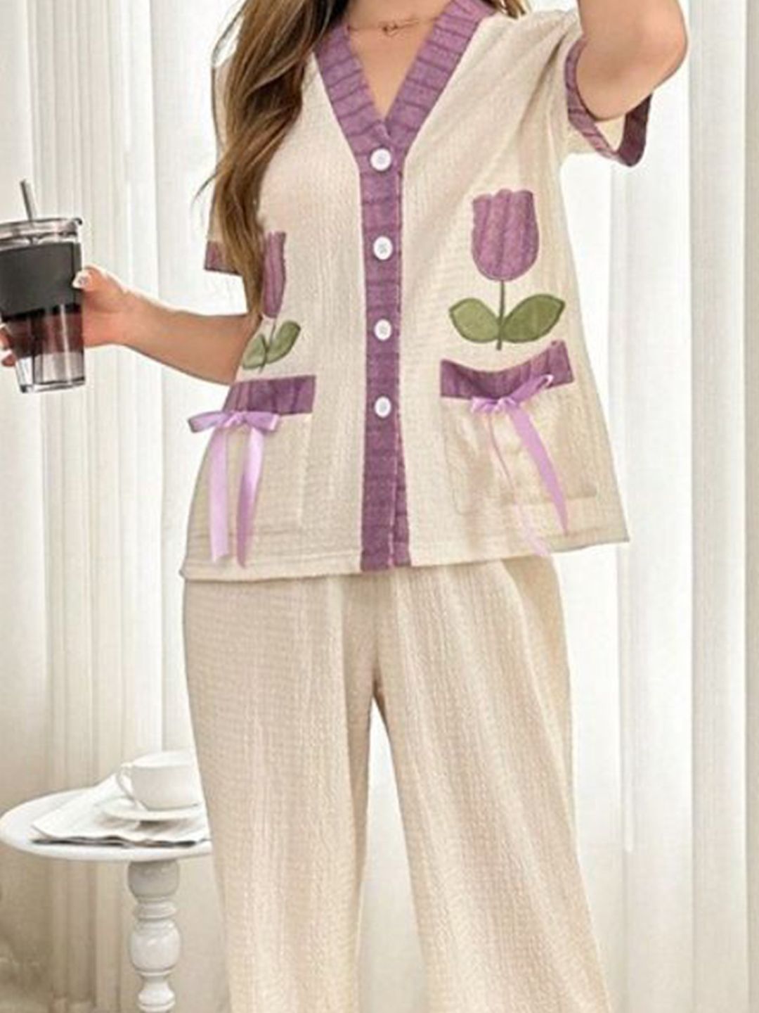 DressBerry Women V-Neck Printed Night suit