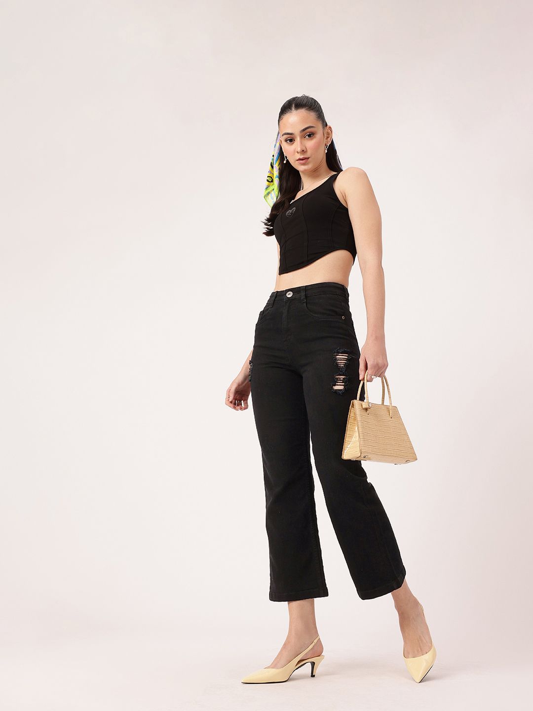 DressBerry Women Urban Edge Distressed Flared Cropped Jeans