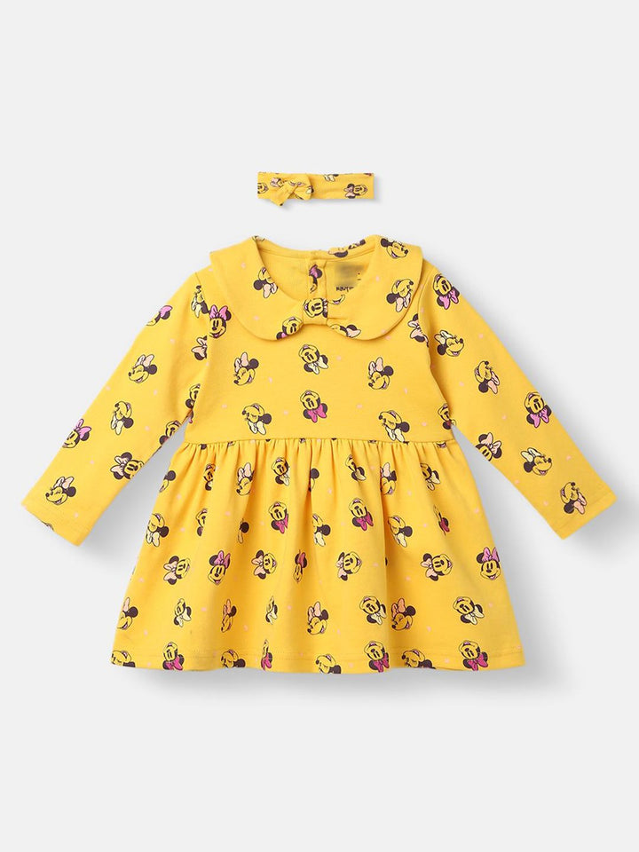 NautiNati Disney Infants Cotton Minnie Mouse Printed Dress with Matching Headband
