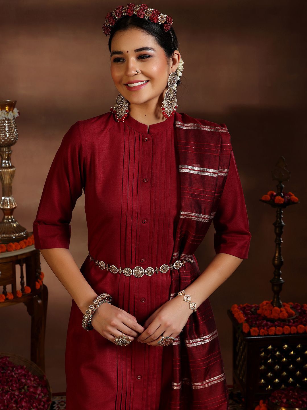 Libas Pleated Kurta with Trousers & Dupatta