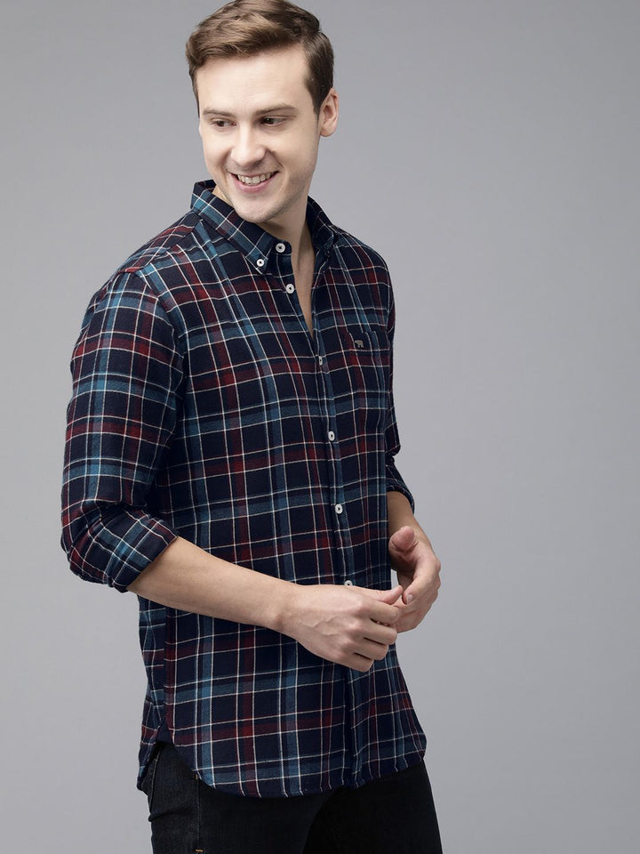 THE BEAR HOUSE Men Navy Blue Slim Fit Checked Flannel Pure Cotton Casual Shirt