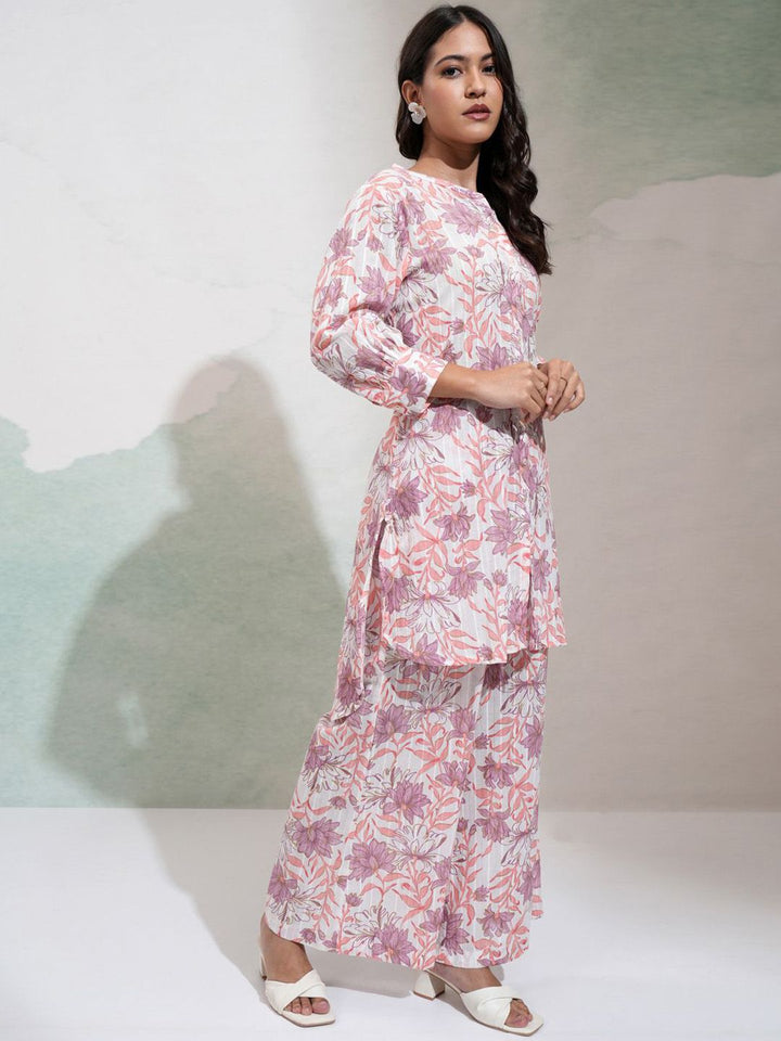 Vishudh Floral Printed Mandarin Collar Tunic With Palazzos