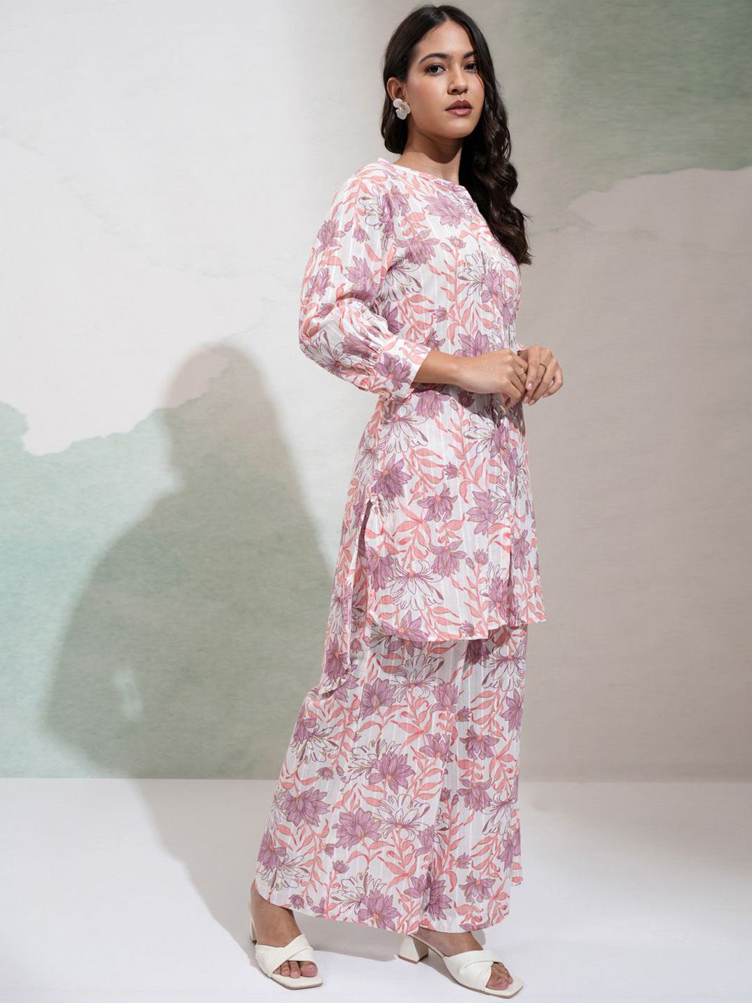 Vishudh Floral Printed Mandarin Collar Tunic With Palazzos