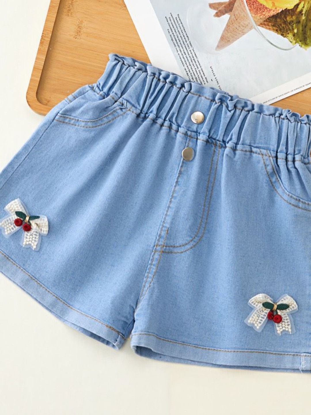 YK Girls Embellished Washed Denim Shorts
