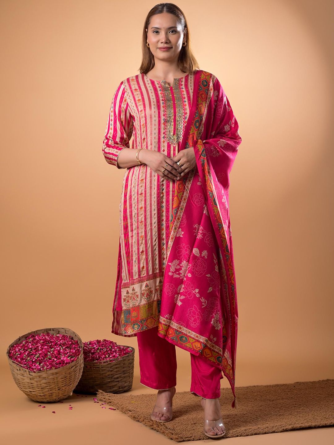 Mamicha Women Ethnic Motifs Printed Cotton Kurta with Trousers & Dupatta