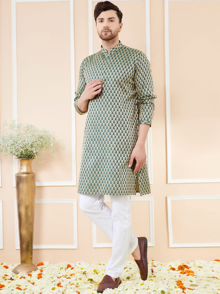 See Designs Ethnic Motifs Woven Design Mandarin Collar Regular Pure Silk Straight Kurta