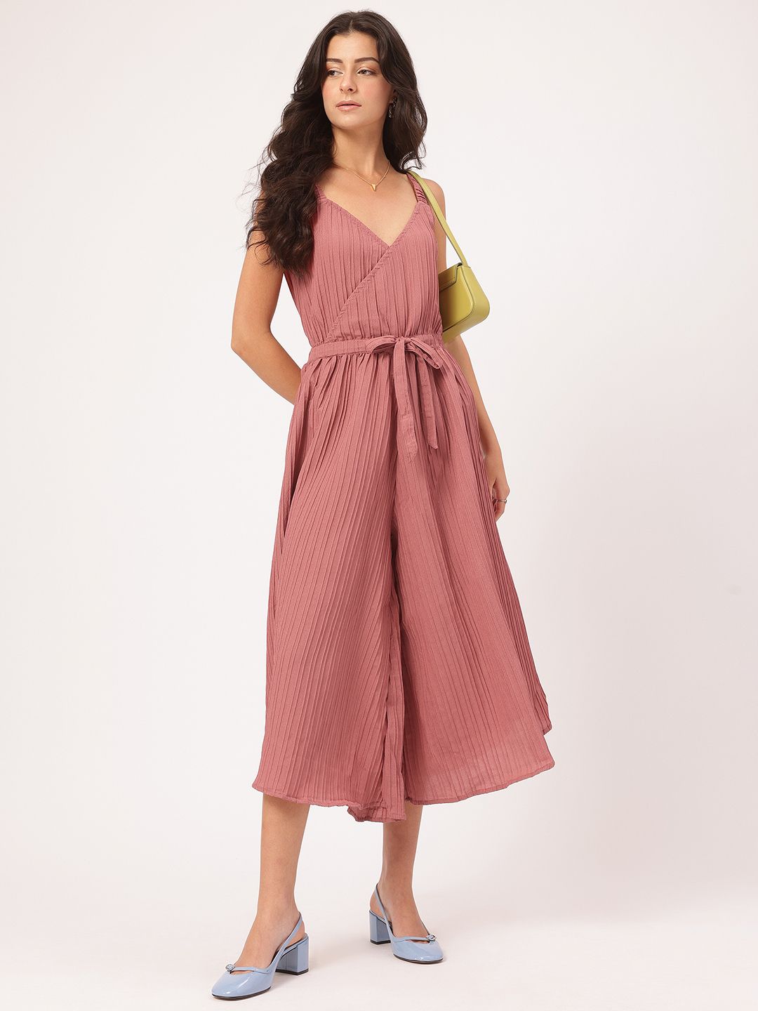DressBerry Blush & Bold Shoulder Straps Accordion Pleated Crop Jumpsuit