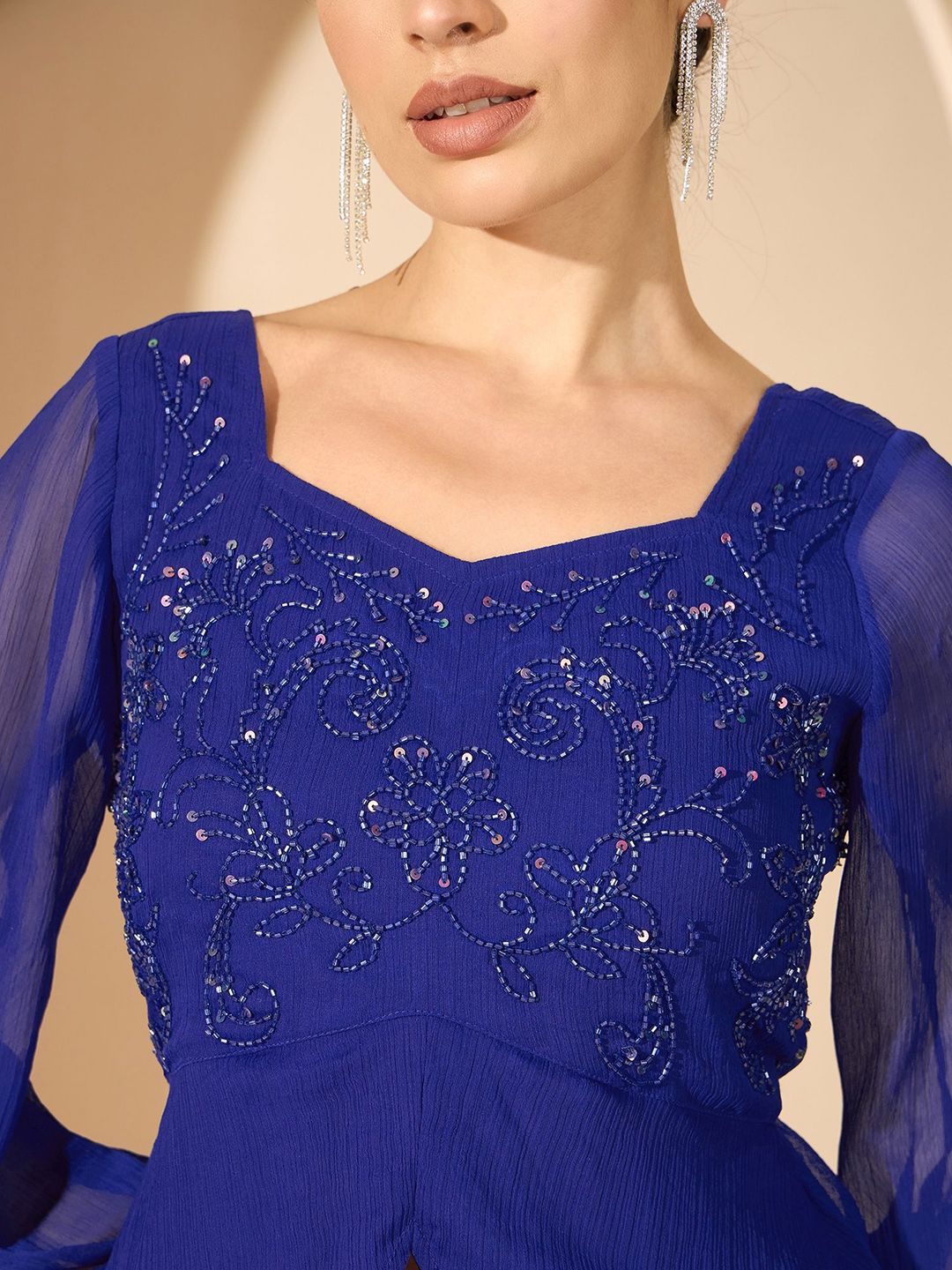 Antheaa Blue Embellished Square Neck Top & Skirt