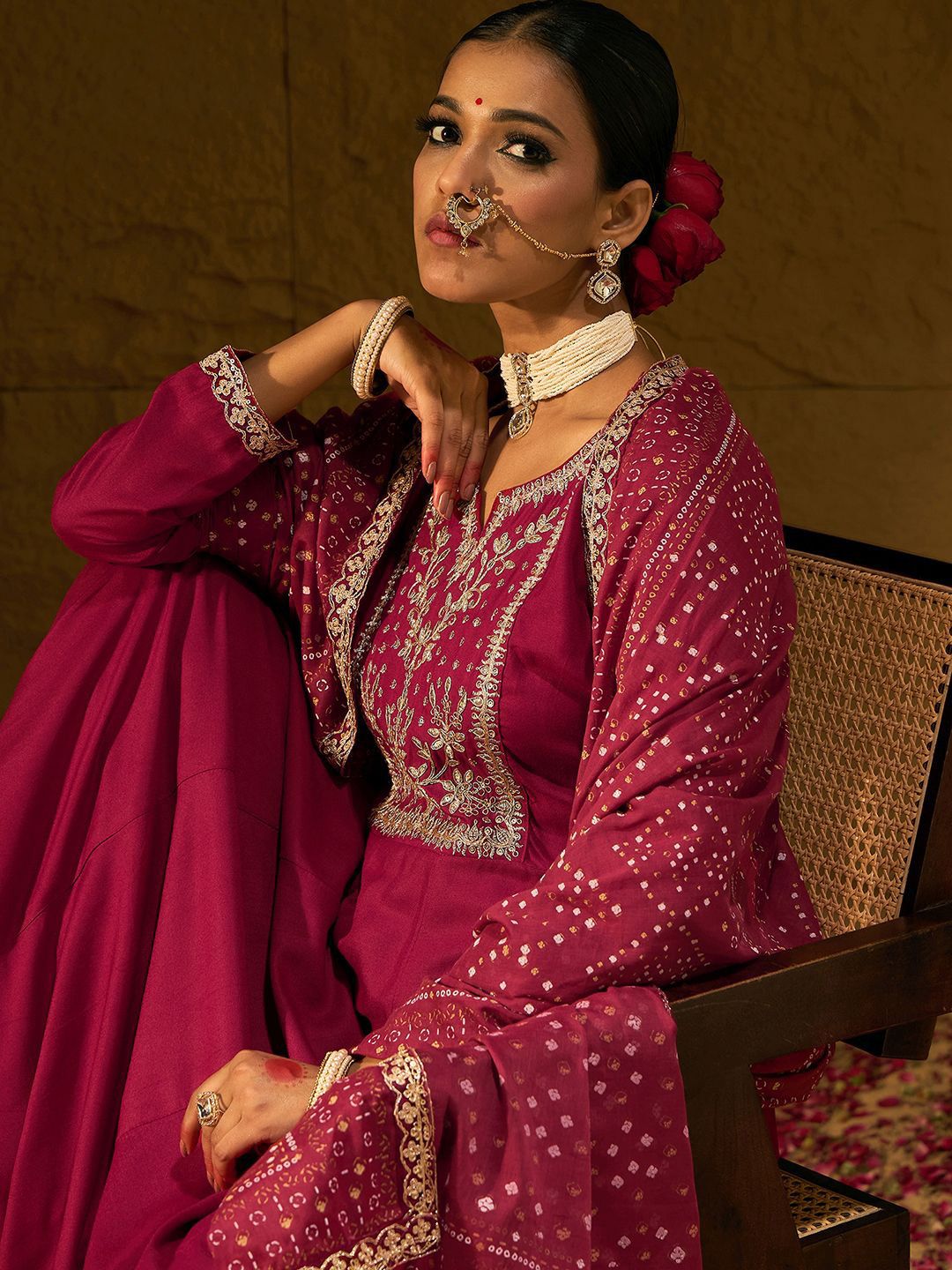 Indo Era Ethnic Motifs Embroidered Zari A-Line Kurta With Trousers & Dupatta