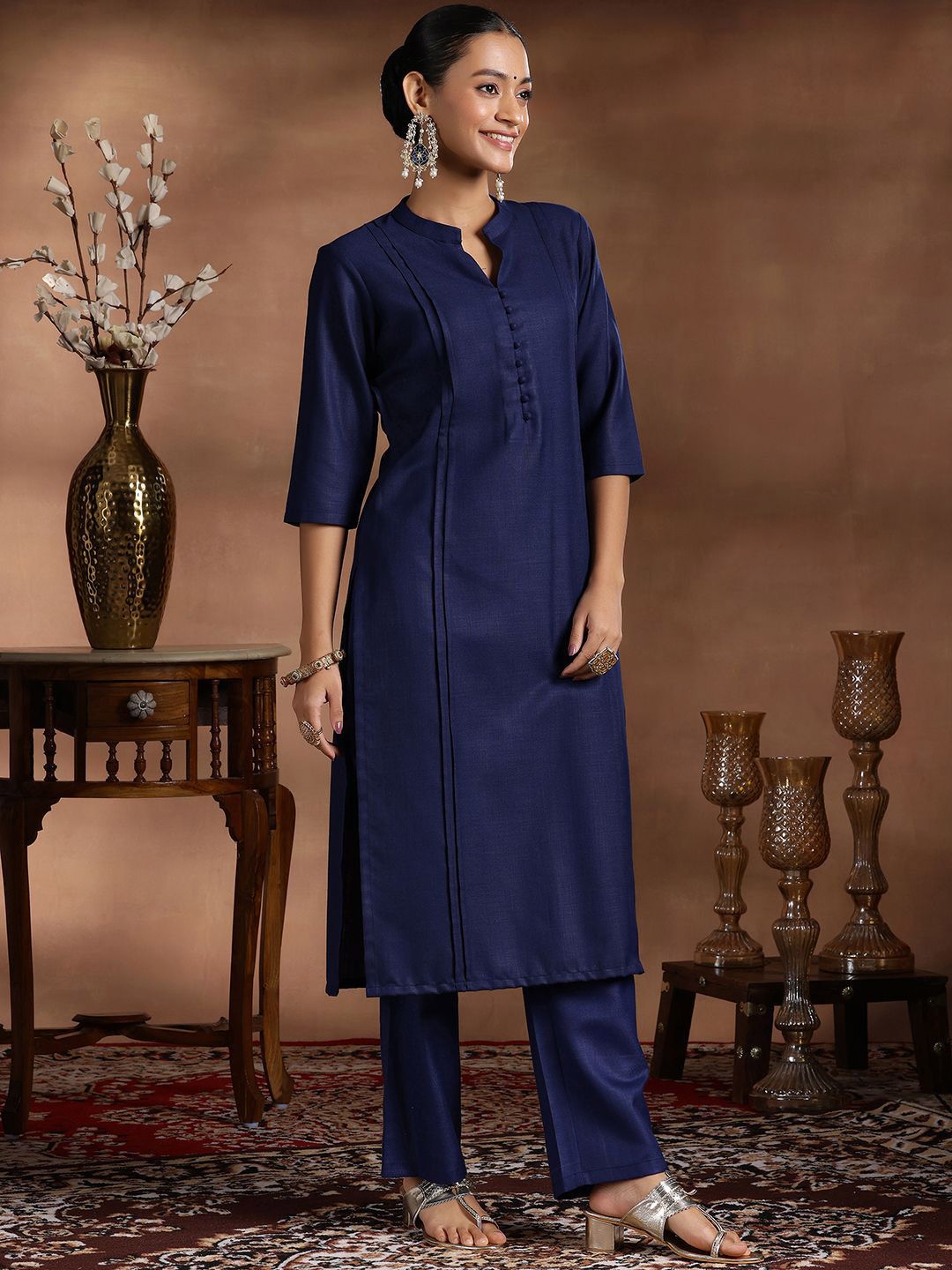 Libas Mandarin Collar Pleated Straight Kurta with Trousers & Dupatta