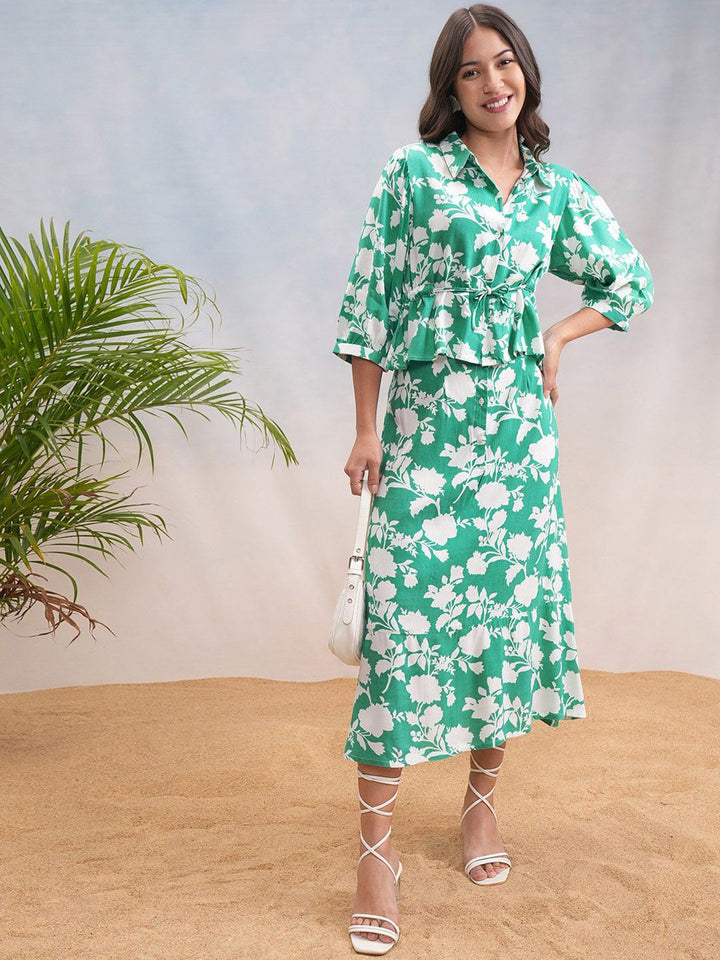 Vishudh Green & White Shirt Collar Printed Top & Skirt