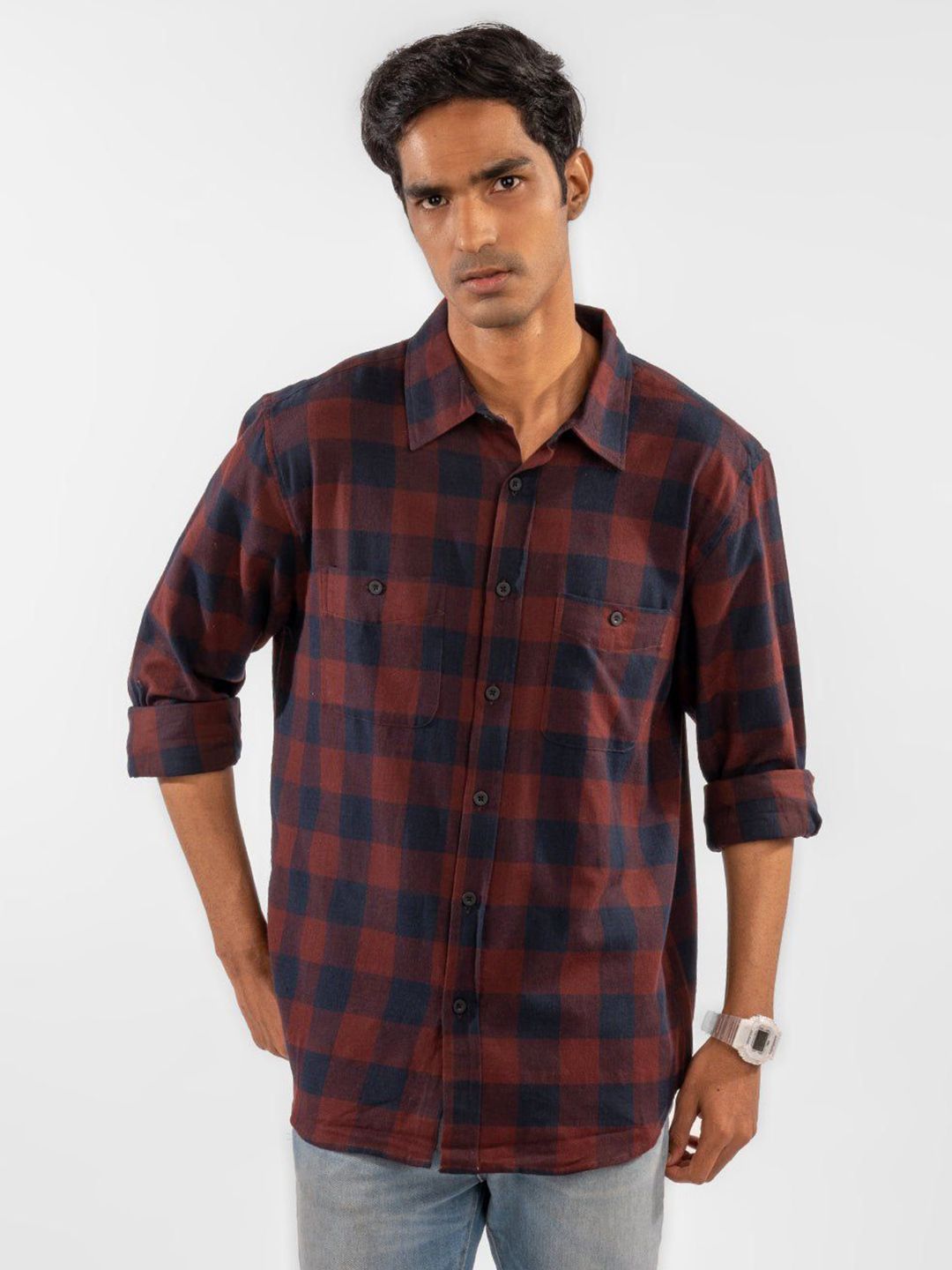 Eszett Men Buffalo Checked Spread Collar Baju Kasual