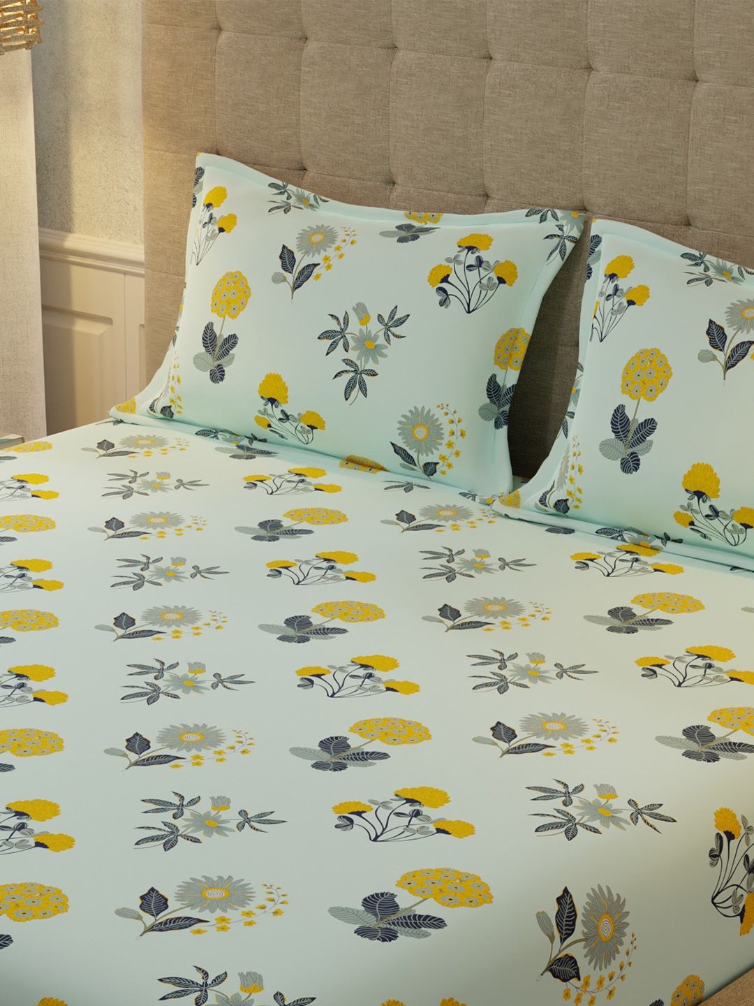 URBAN SPACE Radiance Sky Blue 200 TC Floral Queen Bedsheet