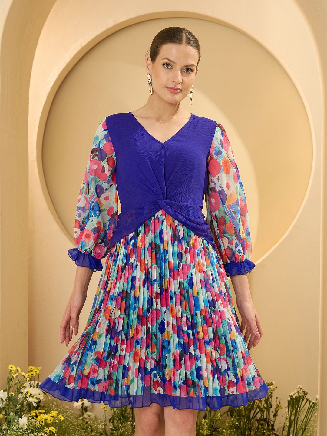 Antheaa Floral Print Chiffon Fit & Flare Dress