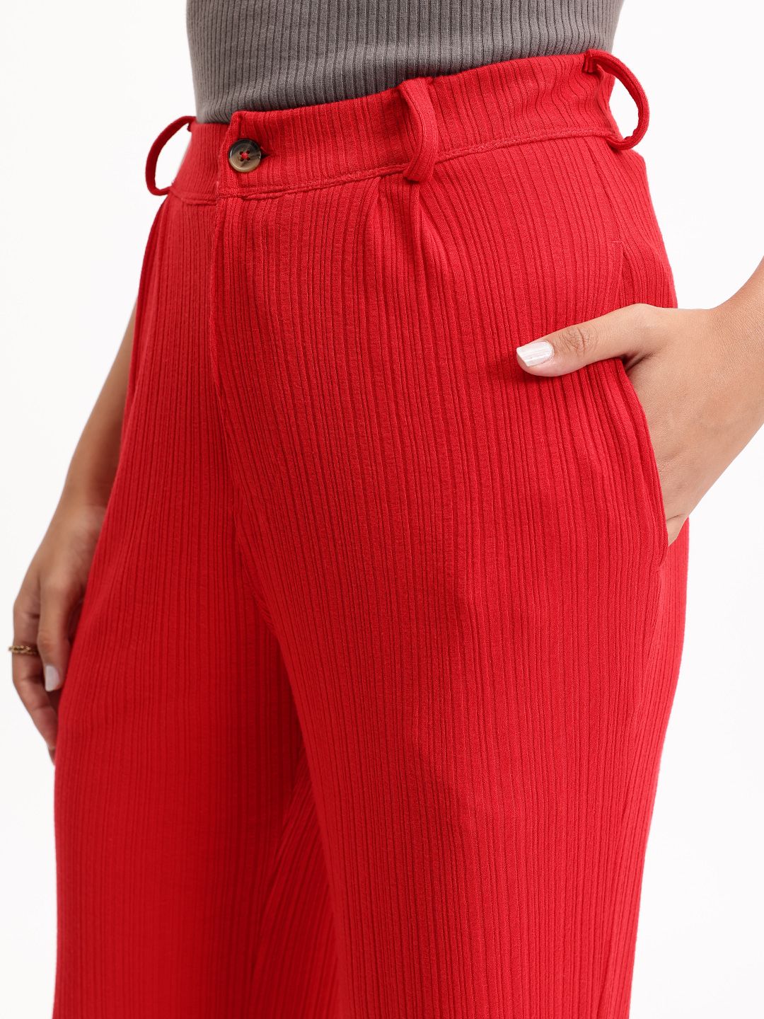 DressBerry Women Cherry Bomb Textured Treat Ribbed Flare Leg Trousers