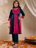 pspeaches Girls Colourblocked Sequinned Panelled Velvet Kurta with Trousers & Dupatta