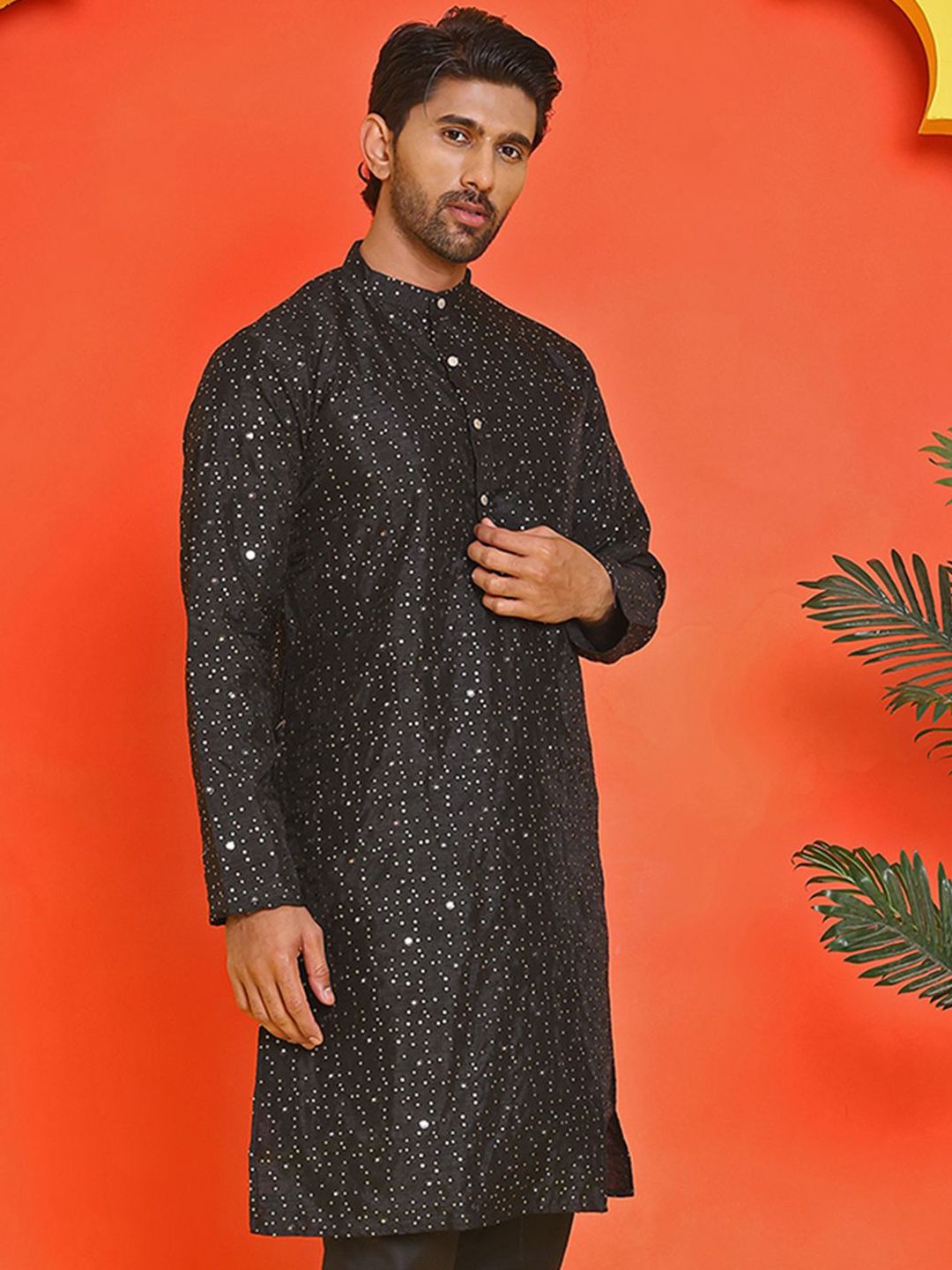 Jompers Men Geometric Embroidered Mirror Work Kurta
