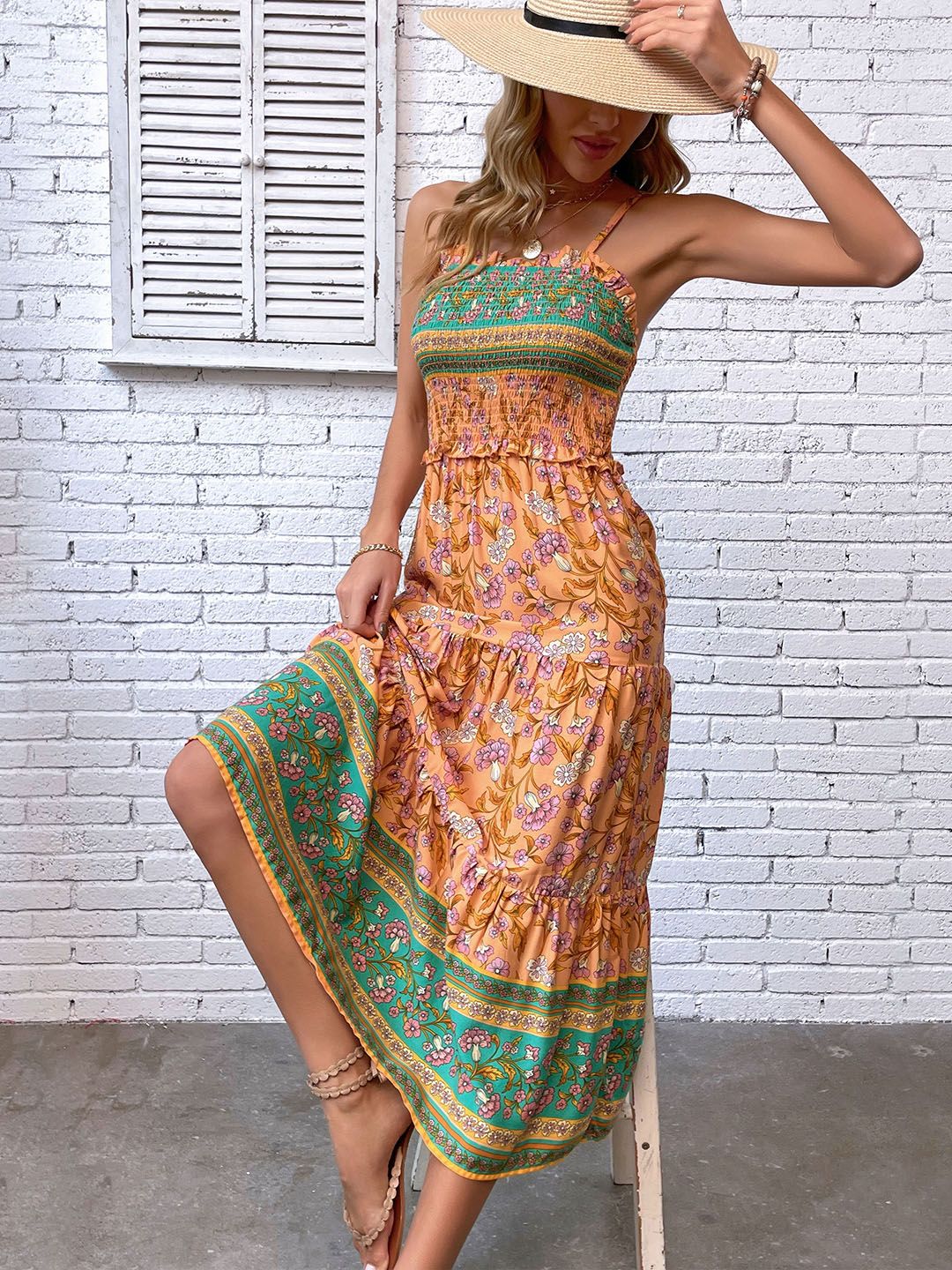 DressBerry Floral Print Smocked Tiered Maxi Dress