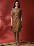 Anouk Floral Printed Mandarin Collar Straight Kurta With Trousers