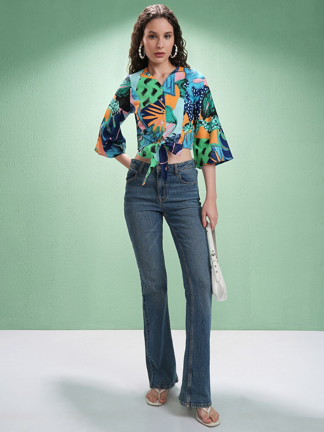 Vishudh Print Flared Sleeve Cotton Crop Top