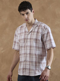 DENNISON Men Beige and Maroon Tartan Checks Shirt