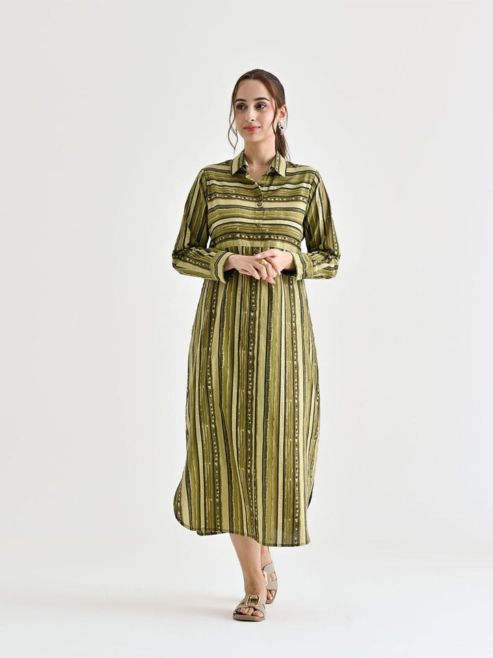 Rustorange  Women Striped Cotton Shirt Collar Shirt Midi Dress