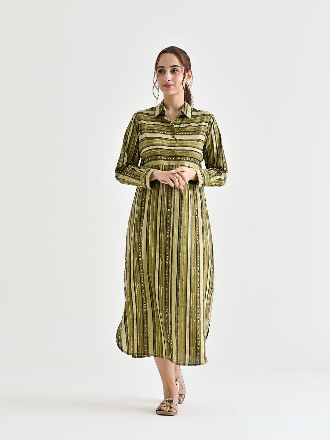 Rustorange  Women Striped Cotton Shirt Collar Shirt Midi Dress