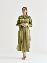 Rustorange  Women Striped Cotton Shirt Collar Shirt Midi Dress