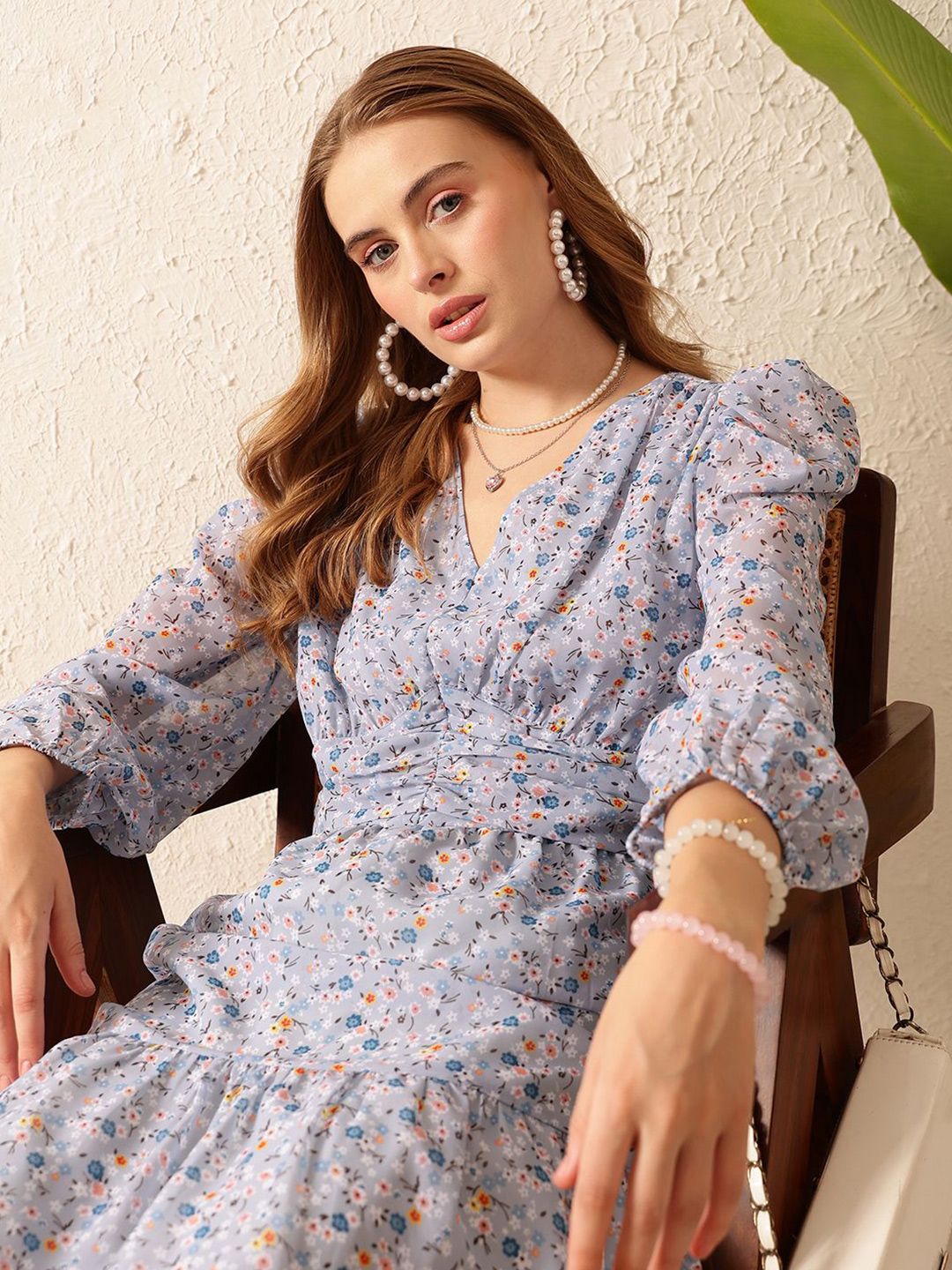 STREET 9 Print Puff Sleeves Georgette A-Line Midi Dress