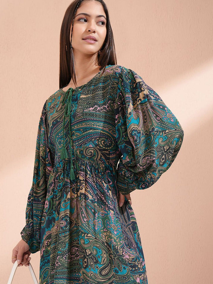 Vishudh Ethnic Motifs Printed Tie-Ups Detail Fit & Flare Dress