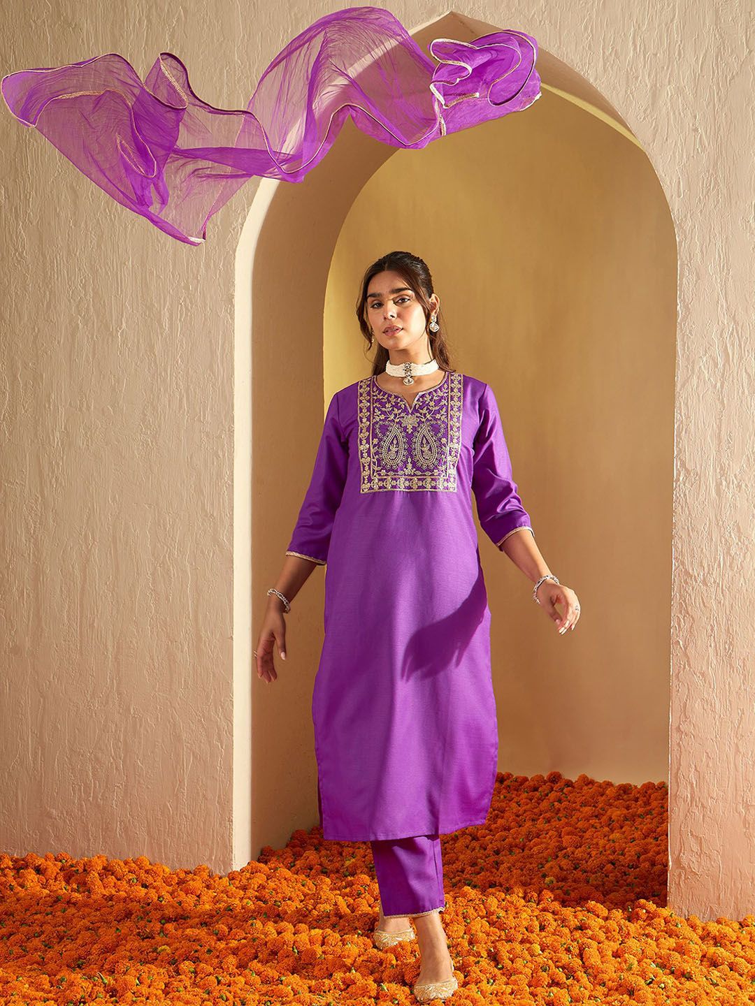 Indo Era Floral Embroidered Liva Straight Kurta With Trousers & Dupatta