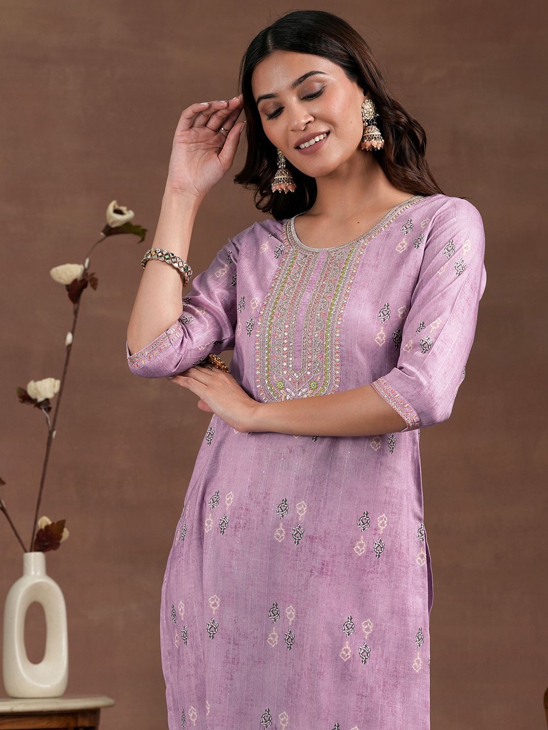 Libas Ethnic Motifs Printed Zari Straight Kurta with Palazzos & Dupatta