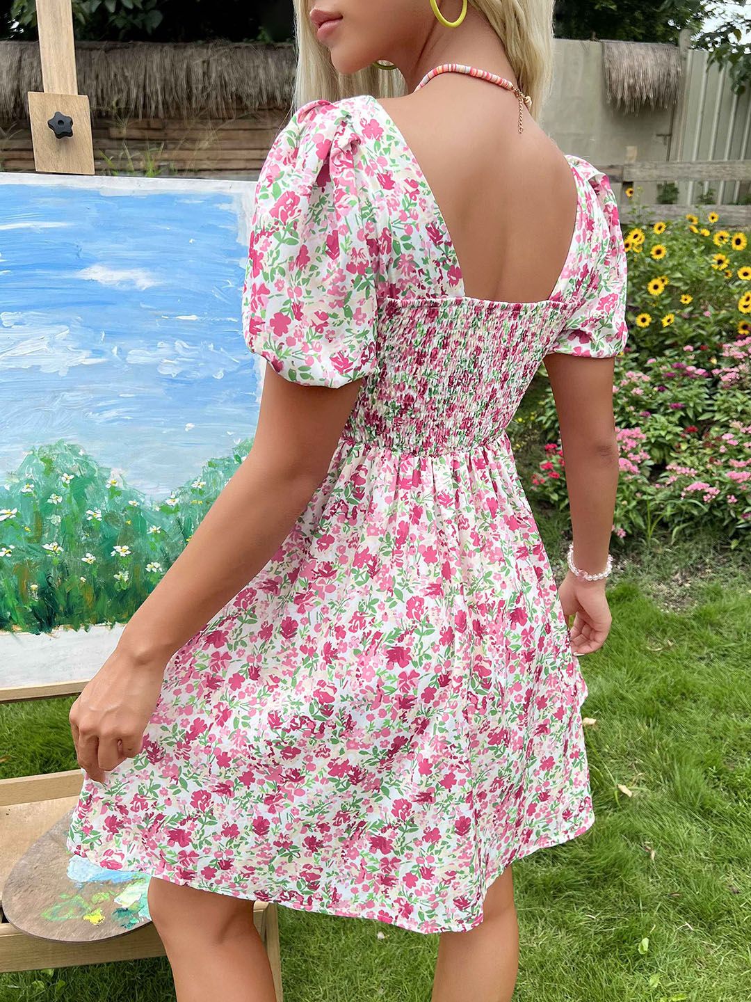 DressBerry Floral Print Smocked A-Line Dress